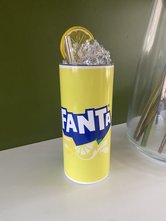 Fanta Lemon Inspired 20oz Stainless Steel Tumbler with Ice and a Lemon Slice Lid - Metal and Plastic Straw