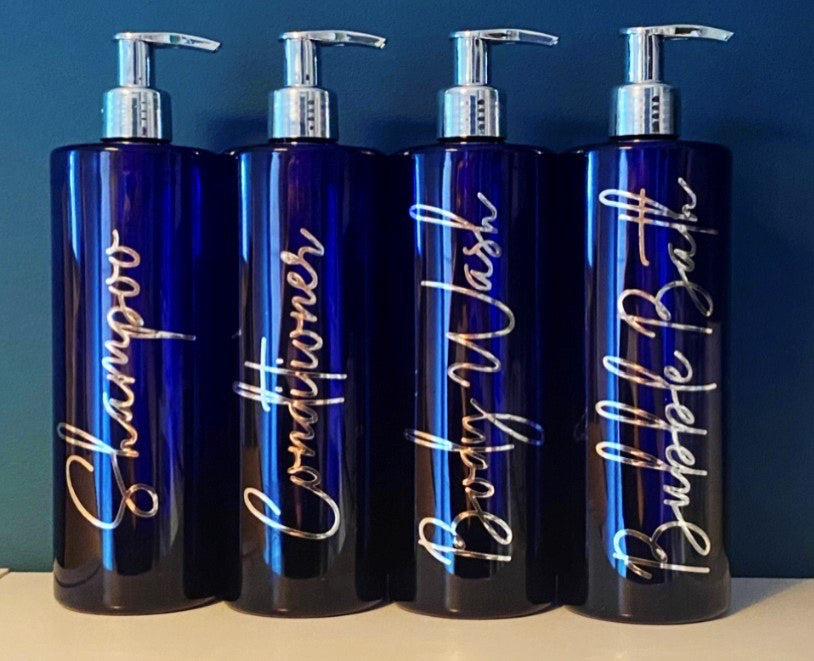 Personalised Cobalt Blue Refillable Bathroom White Pump Bottles - 500ml 250ml