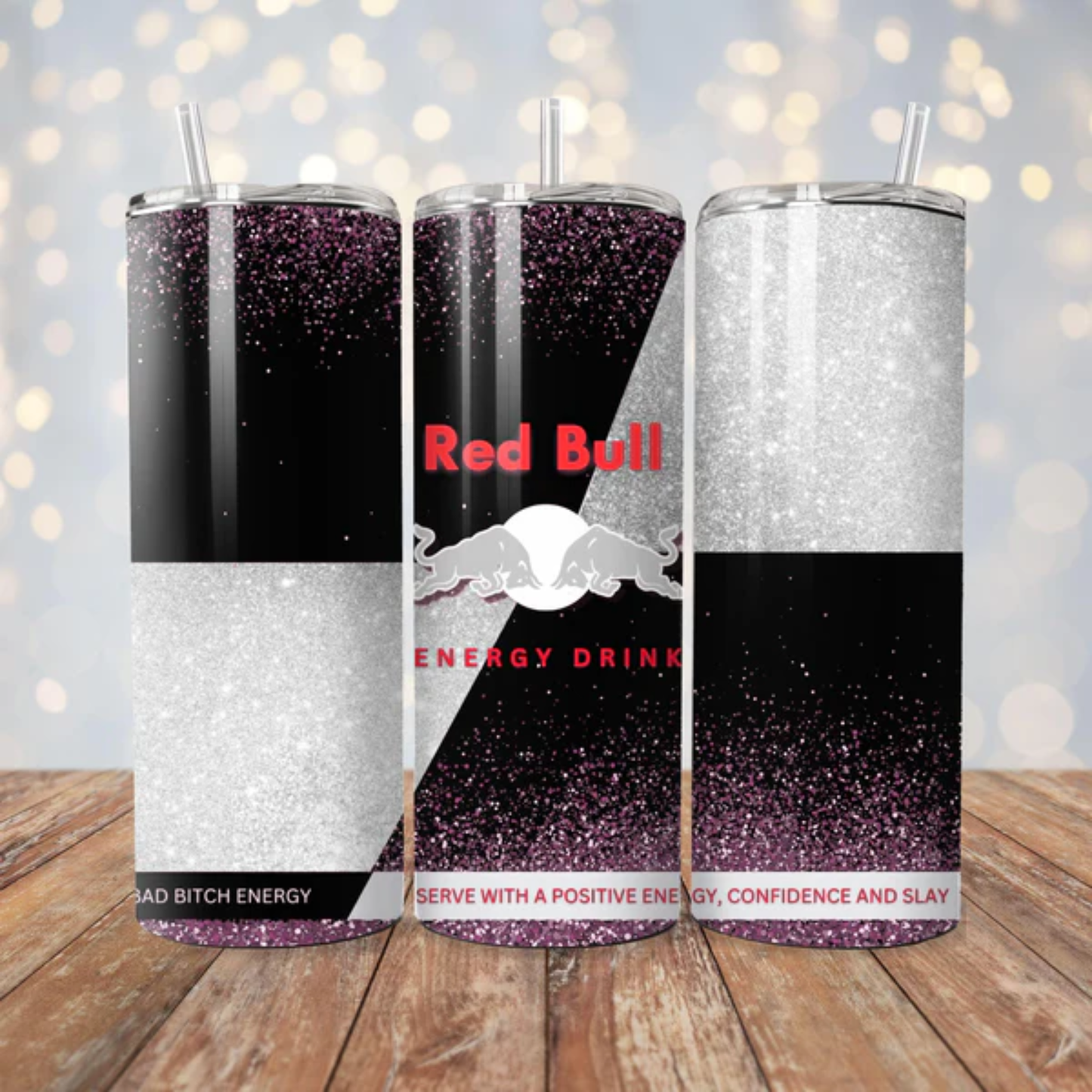 Black and Silver Red Bull Inspired 20oz Stainless Steel Tumbler - With Straw And Lid - Metal and Plastic Straw