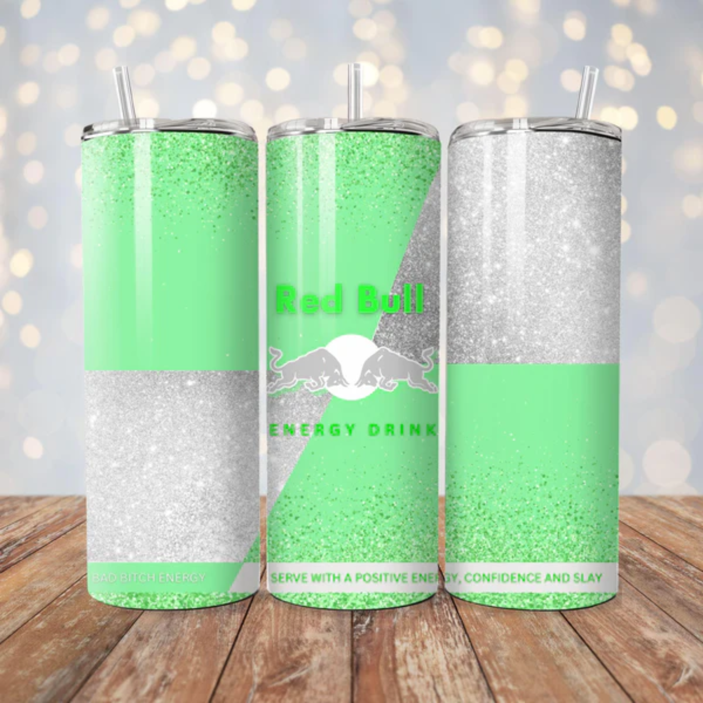 Green and Silver Red Bull Inspired 20oz Stainless Steel Tumbler - With Straw And Lid - Metal and Plastic Straw