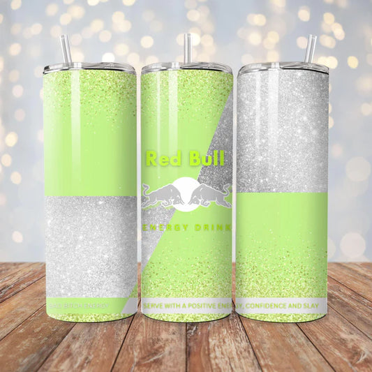 Lime Green and Silver Red Bull Inspired 20oz Stainless Steel Tumbler - With Straw And Lid - Metal and Plastic Straw