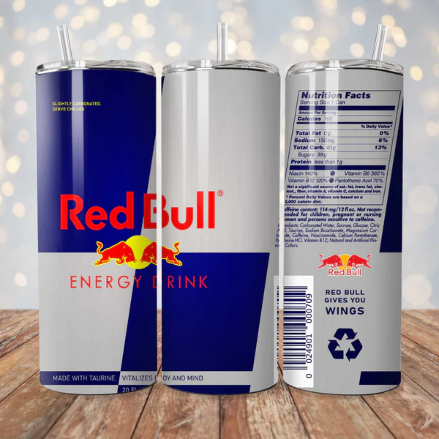 Original Red Bull Inspired 20oz Stainless Steel Tumbler - With Straw And Lid - Metal and Plastic Straw