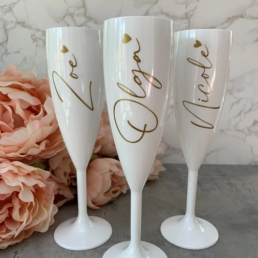 Personalised Plastic Champagne Flutes | Prom | Hen Party | Reusable White Plastic Flutes