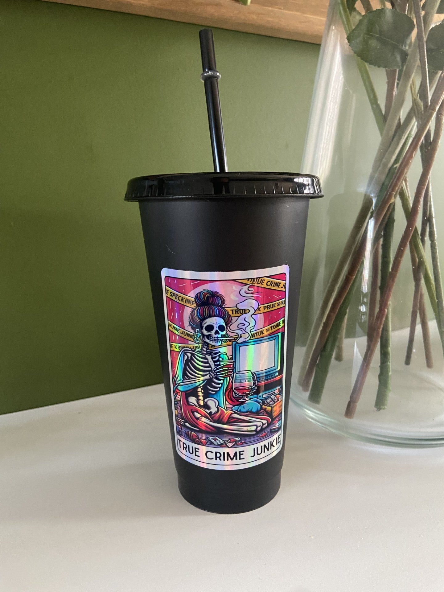 True Crime Junkie Tarot Card Inspired 24oz Cold Cup / Holographic Tarot Card | Iced Coffee Cold Cup with Lid and Straw / Loads of Designs