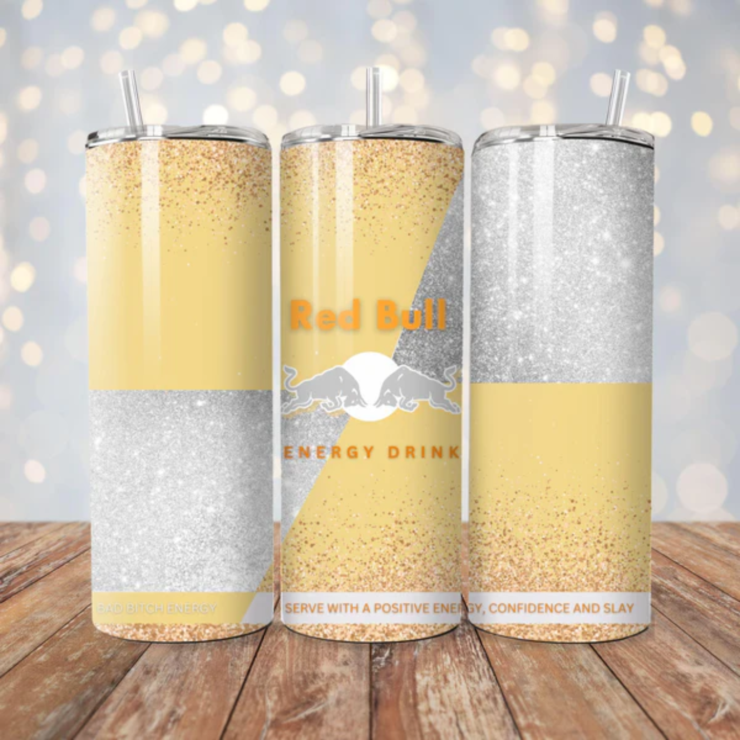 Yellow and Silver Red Bull Inspired 20oz Stainless Steel Tumbler - With Straw And Lid - Metal and Plastic Straw