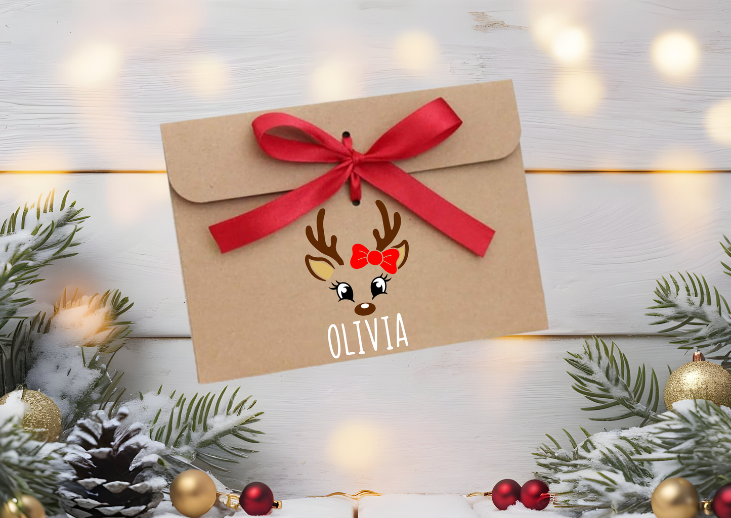 Personalised Boy Reindeer Kraft Envelope With Ribbon | Money or Voucher Gift