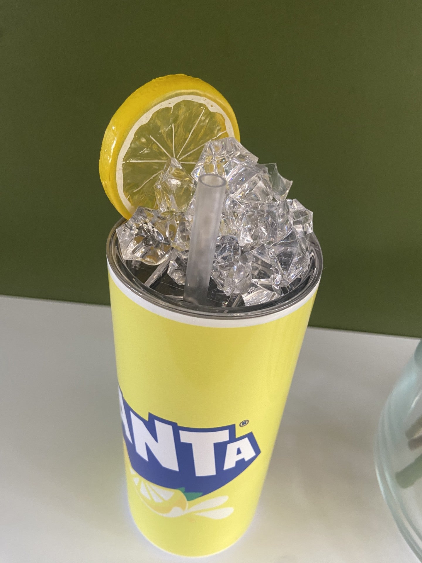 Fanta Lemon Inspired 20oz Stainless Steel Tumbler with Ice and a Lemon Slice Lid - Metal and Plastic Straw