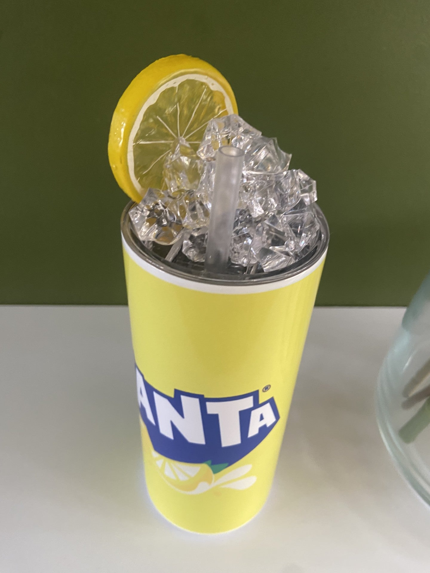 Fanta Lemon Inspired 20oz Stainless Steel Tumbler with Ice and a Lemon Slice Lid - Metal and Plastic Straw