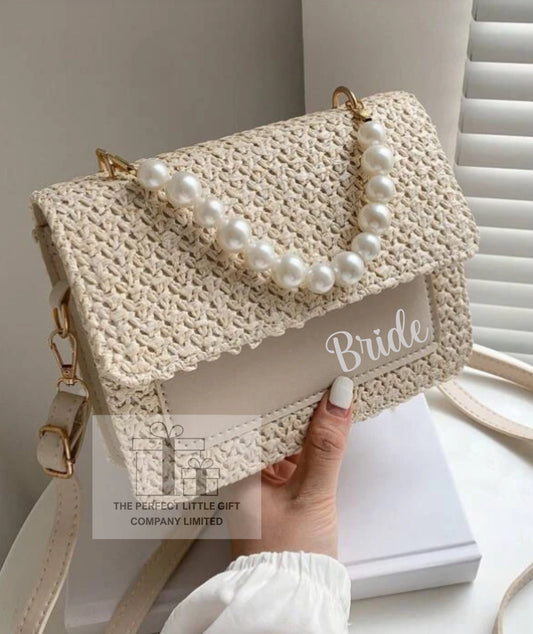 Personalised Bride Pearl Woven Bag Wedding Accessory